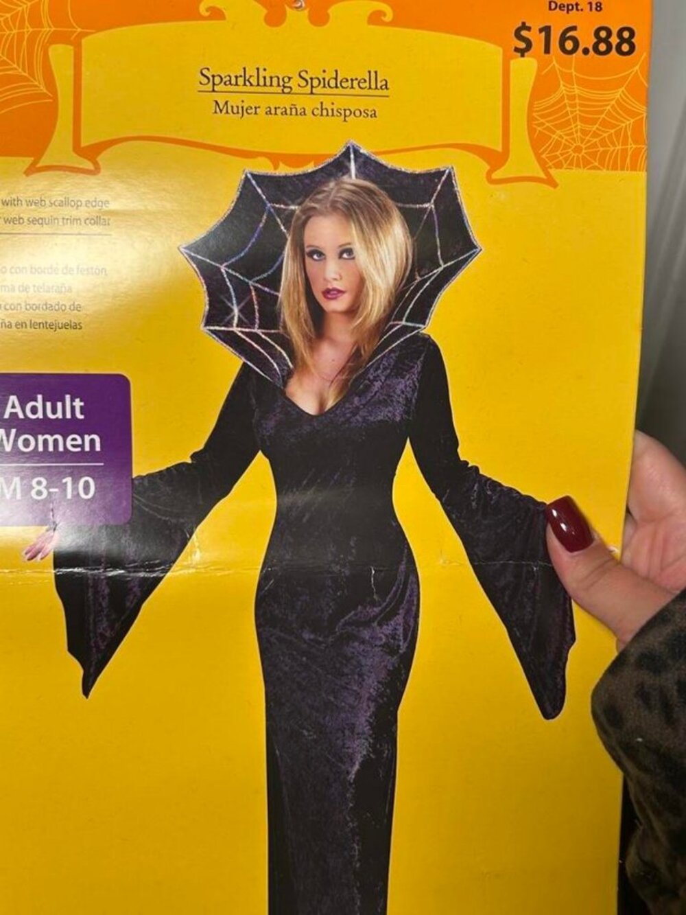 Black velvet spider costume with silver glitter spiderweb design, size M